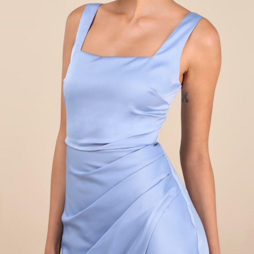 Lulus Red Carpet Romance Light Blue Satin Square Neck Maxi Dress - Size S